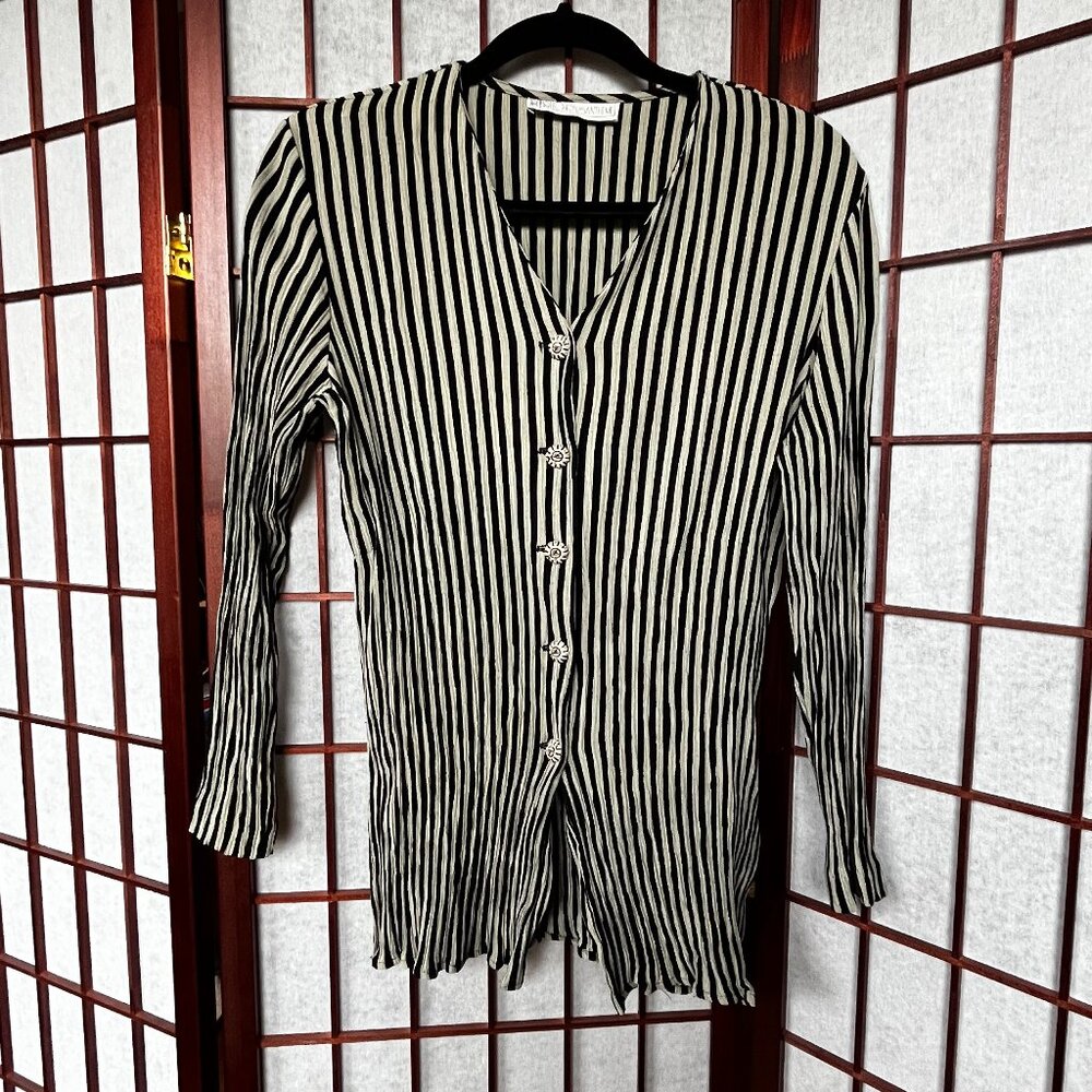Vintage Chrysanthe Striped Plisse Cardigan - Black & White - Artful Intellectual